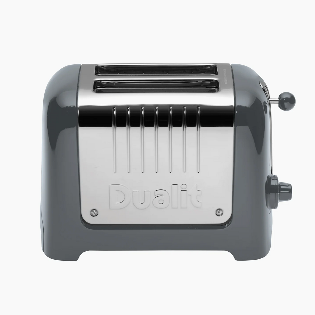 Grey 2-slice toaster side/front view with chrome lever and vented slot area