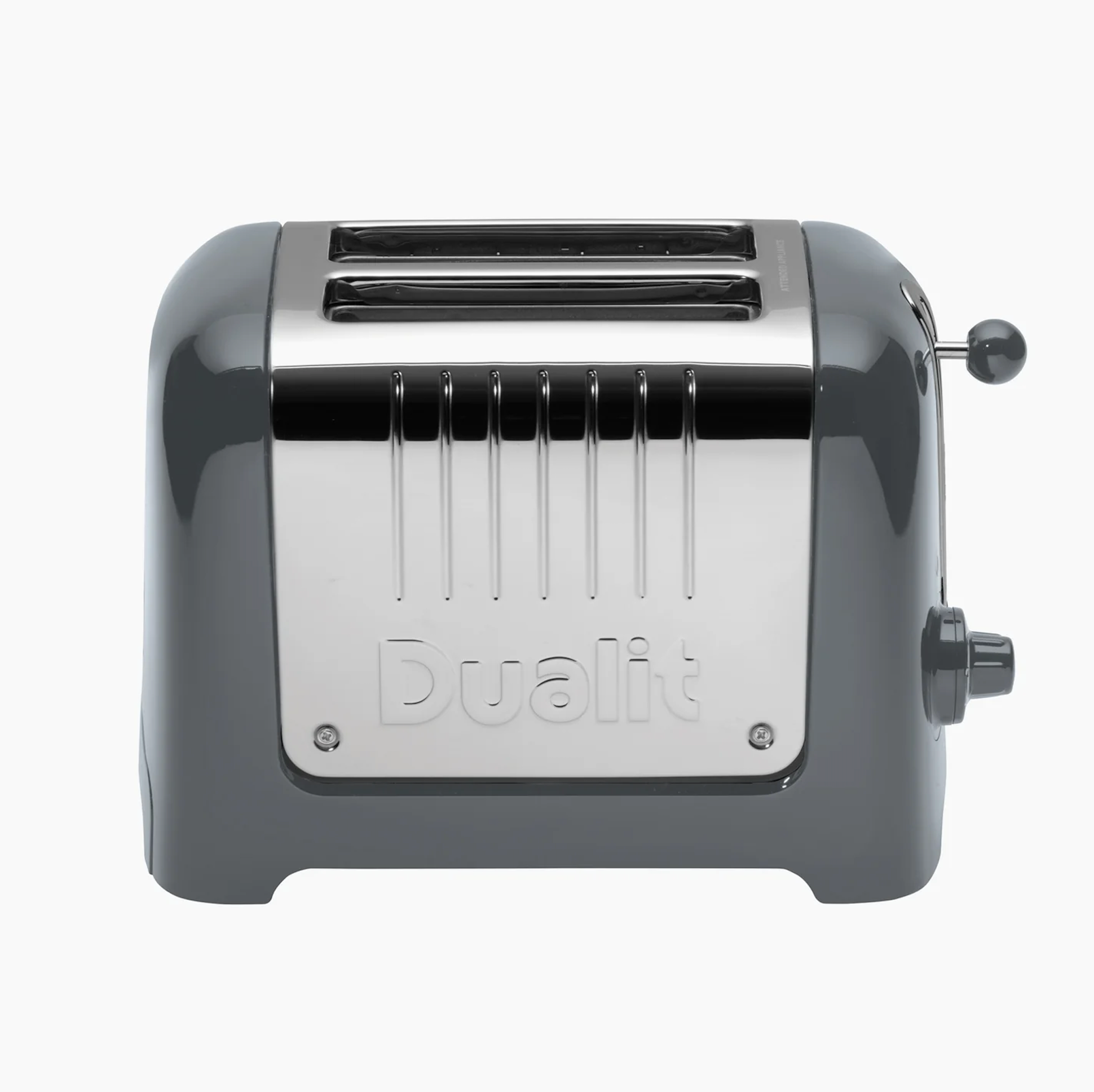 Grey 2-slice toaster side/front view with chrome lever and vented slot area