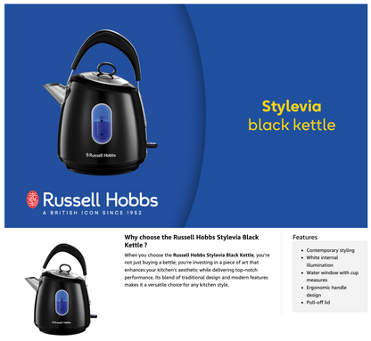 Russell Hobbs Stylevia Kettle & 4 Slice Toaster Kitchen Sets (Black)