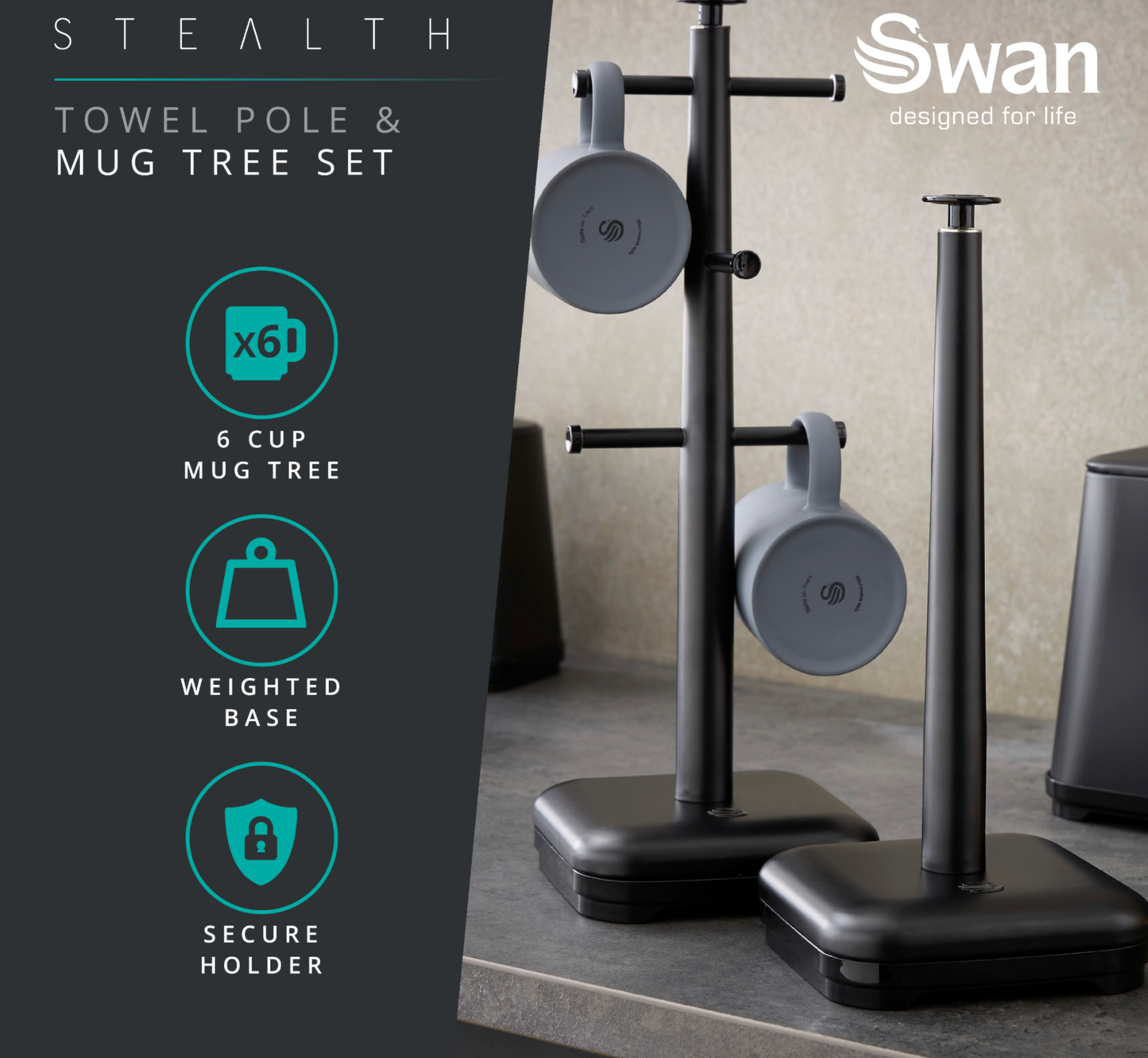 Swan Stealth Bread Bin, Canisters, Utensils, Mug Tree & Towel Pole Kitchen Set (Black)