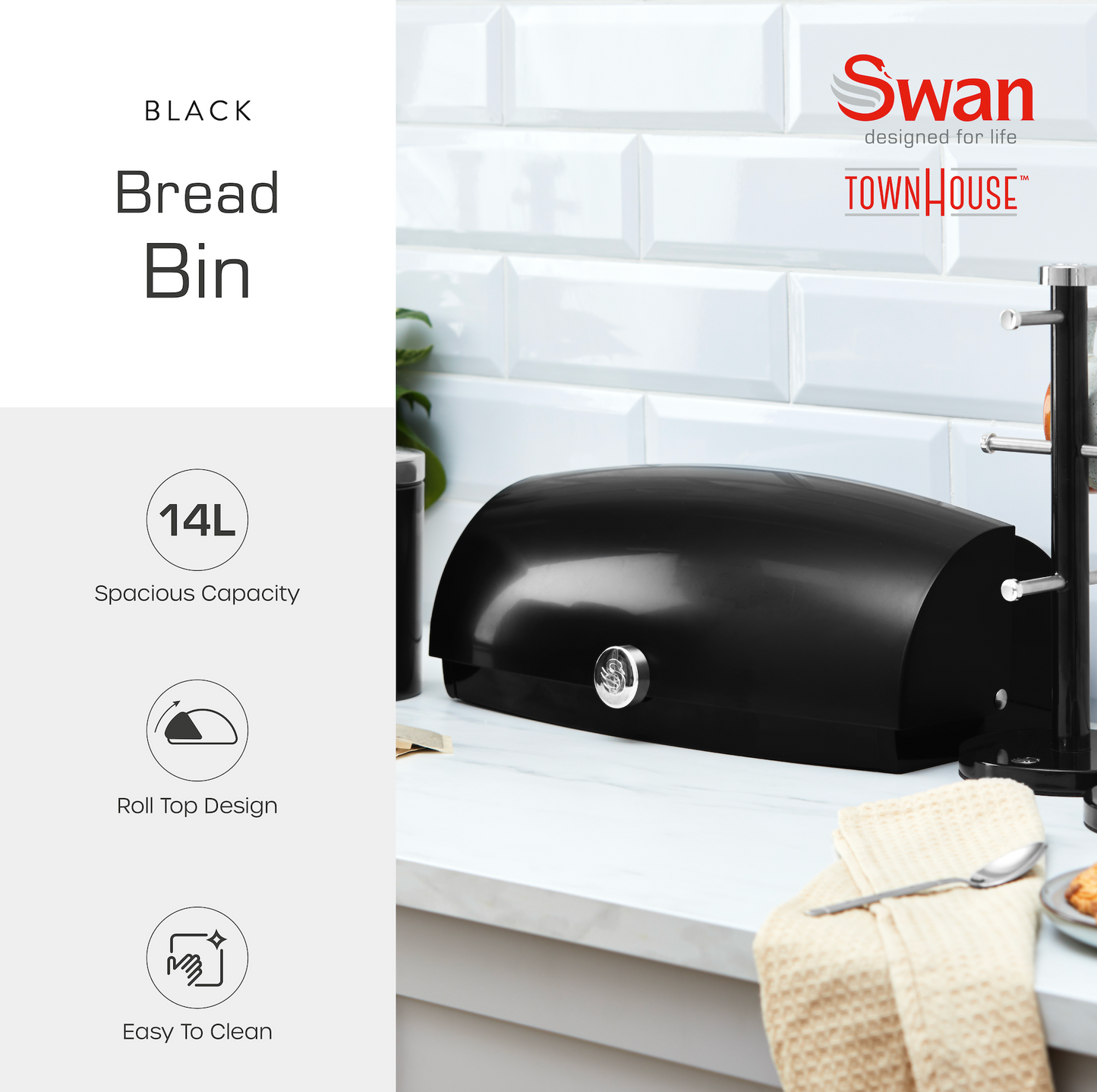 Swan TownHouse Bread Bin, Canisters, Towel Pole & Mug Tree Kitchen Set (Black)