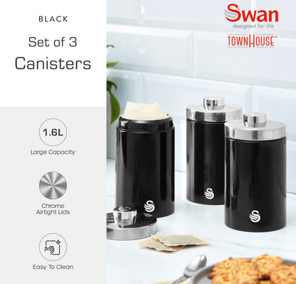 Swan TownHouse Kettle, 2 Slice Toaster, Bread Bin, Towel Pole, Mug Tree & Canisters Kitchen Set (Black)