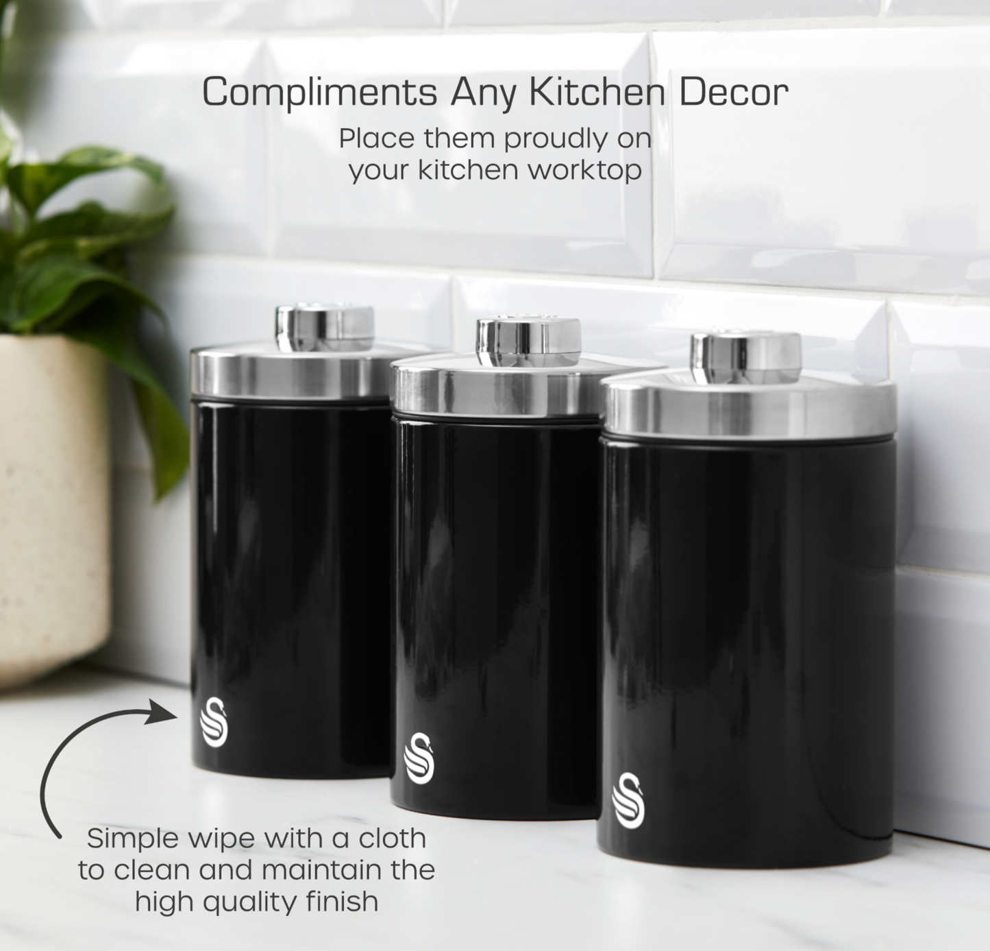 Swan TownHouse Bread Bin, Canisters, Towel Pole & Mug Tree Kitchen Set (Black)