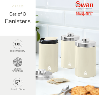 Swan TownHouse Kettle, 2 Slice Toaster, Bread Bin & Canisters Kitchen Set (Cream)