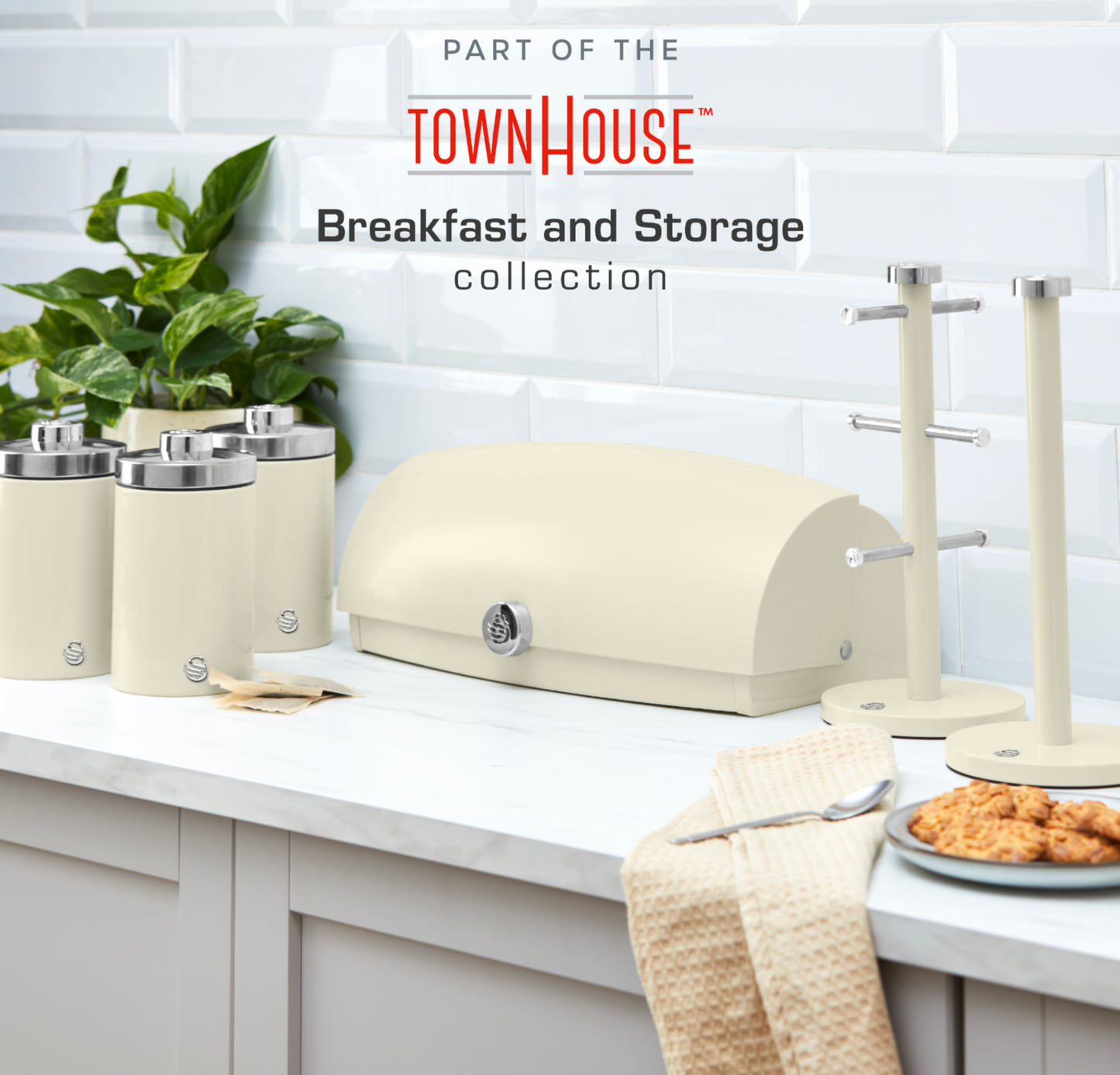 Swan TownHouse Kettle, 2 Slice Toaster, Bread Bin & Canisters Kitchen Set (Cream)