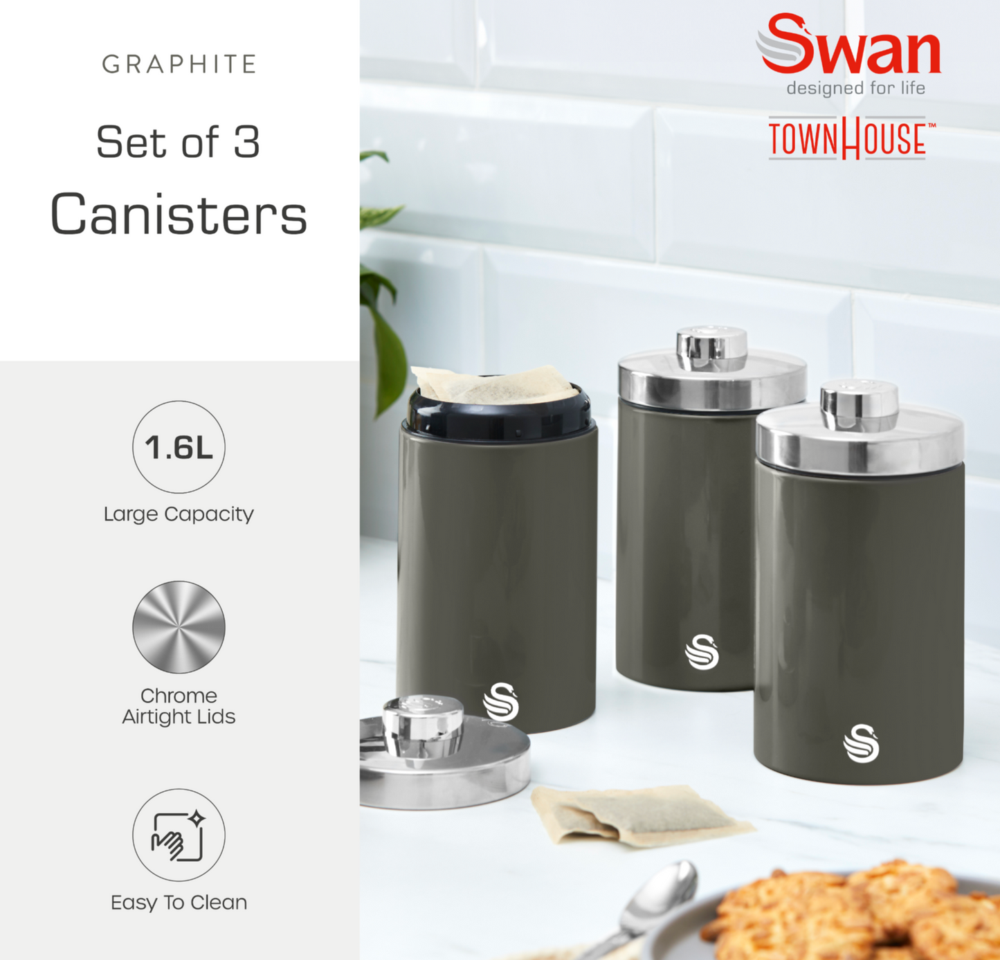 Swan TownHouse Bread Bin, Towel Pole, Mug Tree & Canisters Kitchen Set (Graphite)