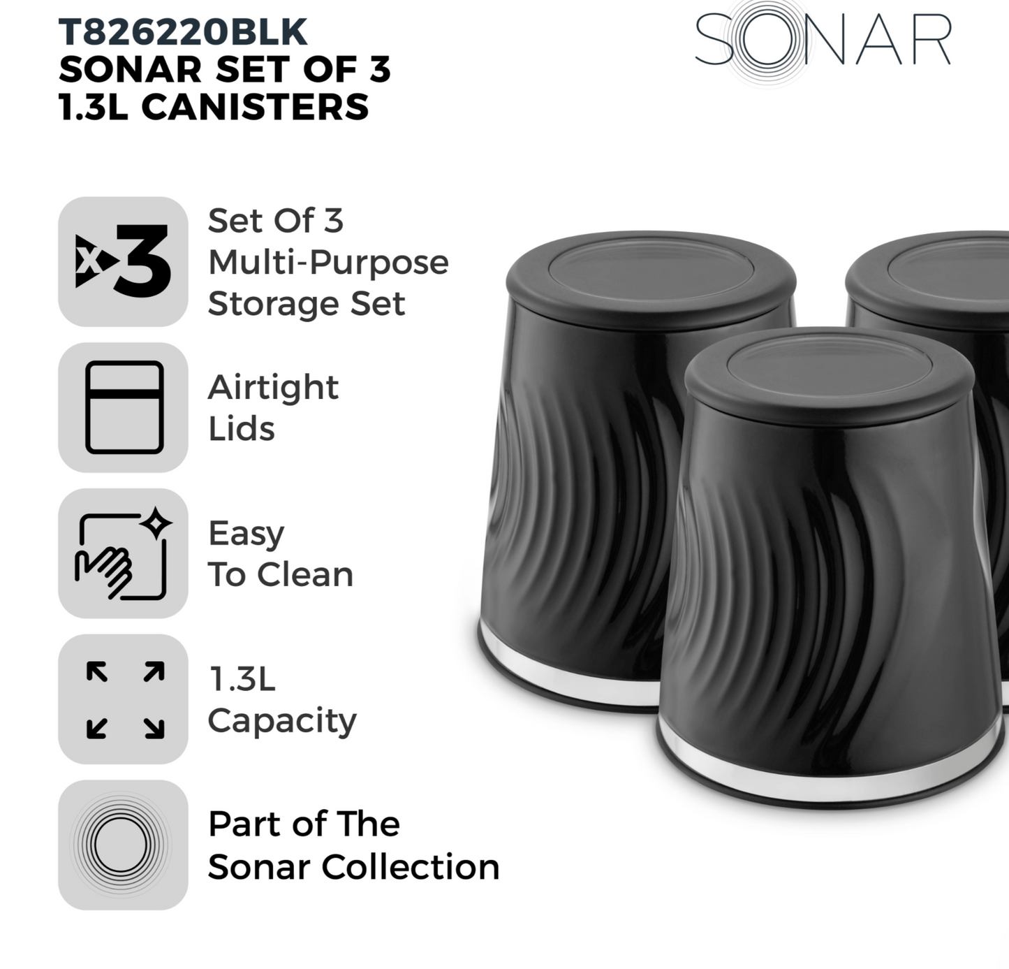 Tower Sonar Kettle, 2 Slice Toaster, Bread Bin & Canisters Kitchen Set (Black)