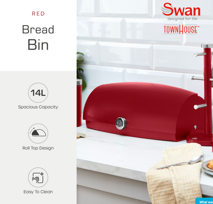 Swan TownHouse Bread Bin, Canisters, Mug Tree & Towel Pole Kitchen Set (Red)