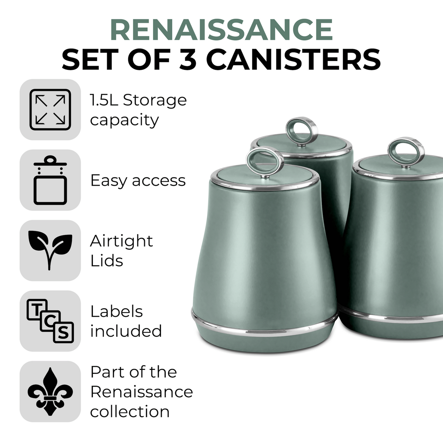 Tower Renaissance Kettle, 4 Slice Toaster & Canisters Kitchen Set (Forest Green)