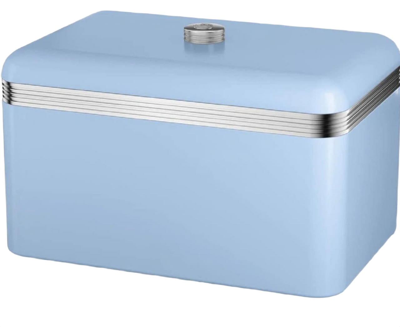 Blue rectangular kitchen storage canister with ribbed silver banded lid