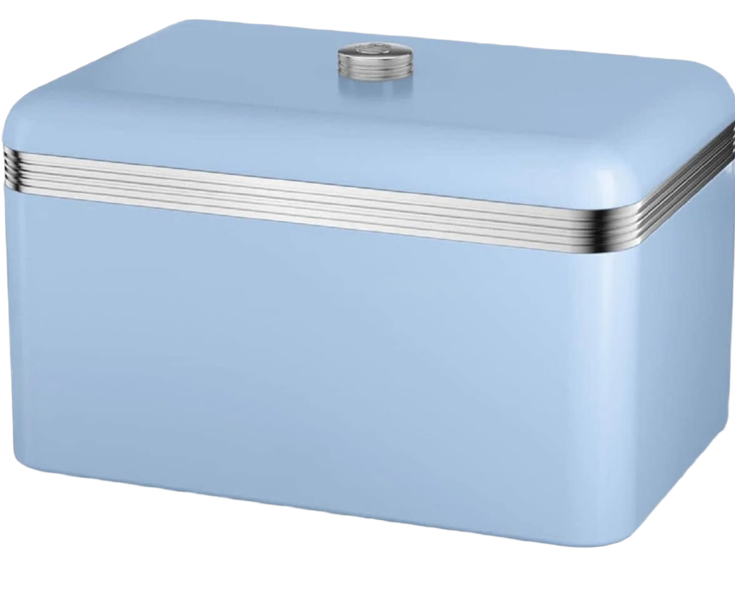 Blue rectangular kitchen storage canister with ribbed silver banded lid