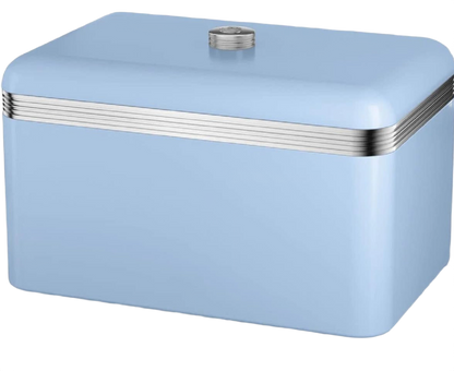 Blue rectangular kitchen storage canister with ribbed silver banded lid