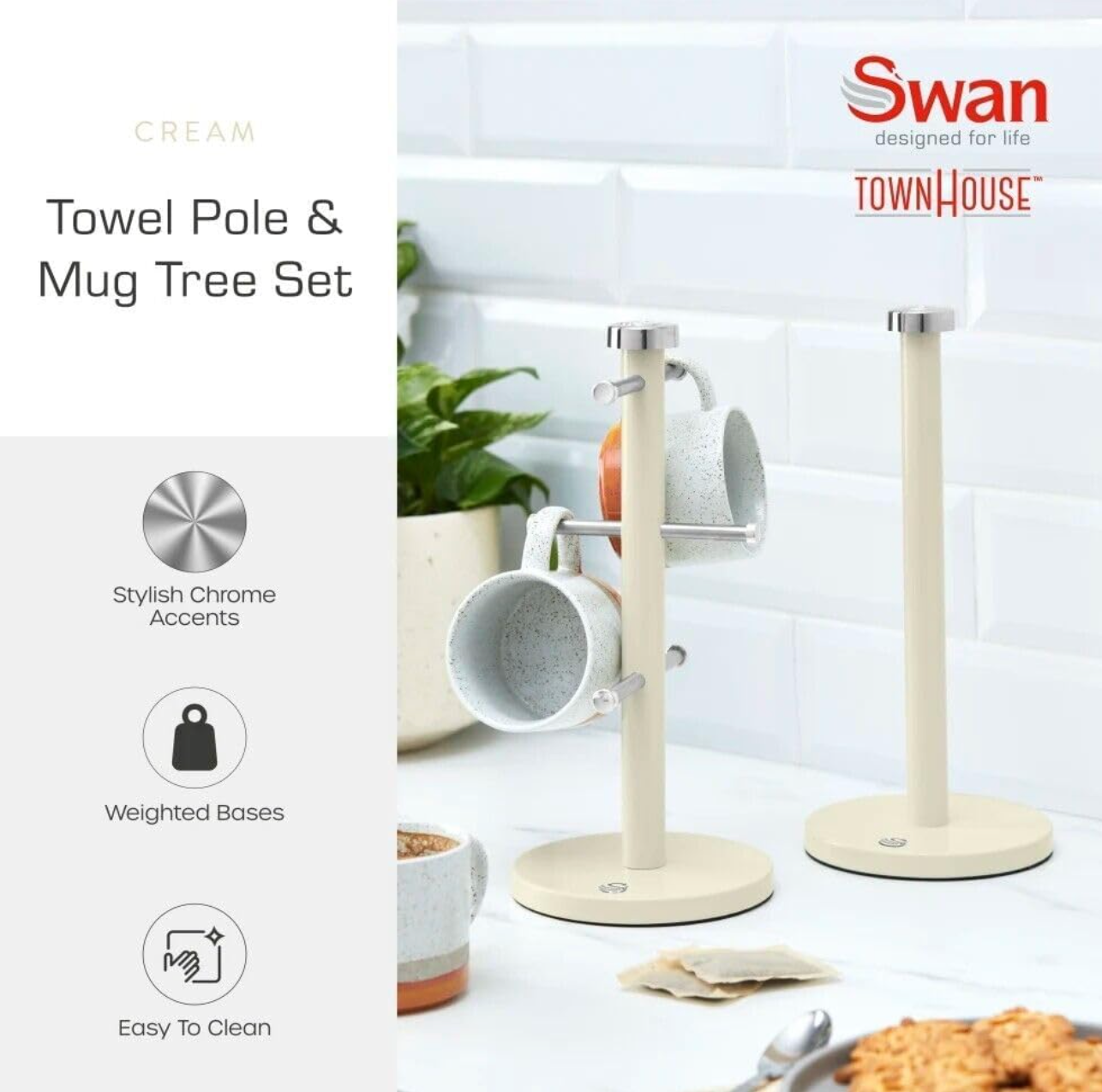Swan Townhouse Bread Bin, Canisters, Towel Pole & Mug Tree Set (Cream) Kitchen Sets