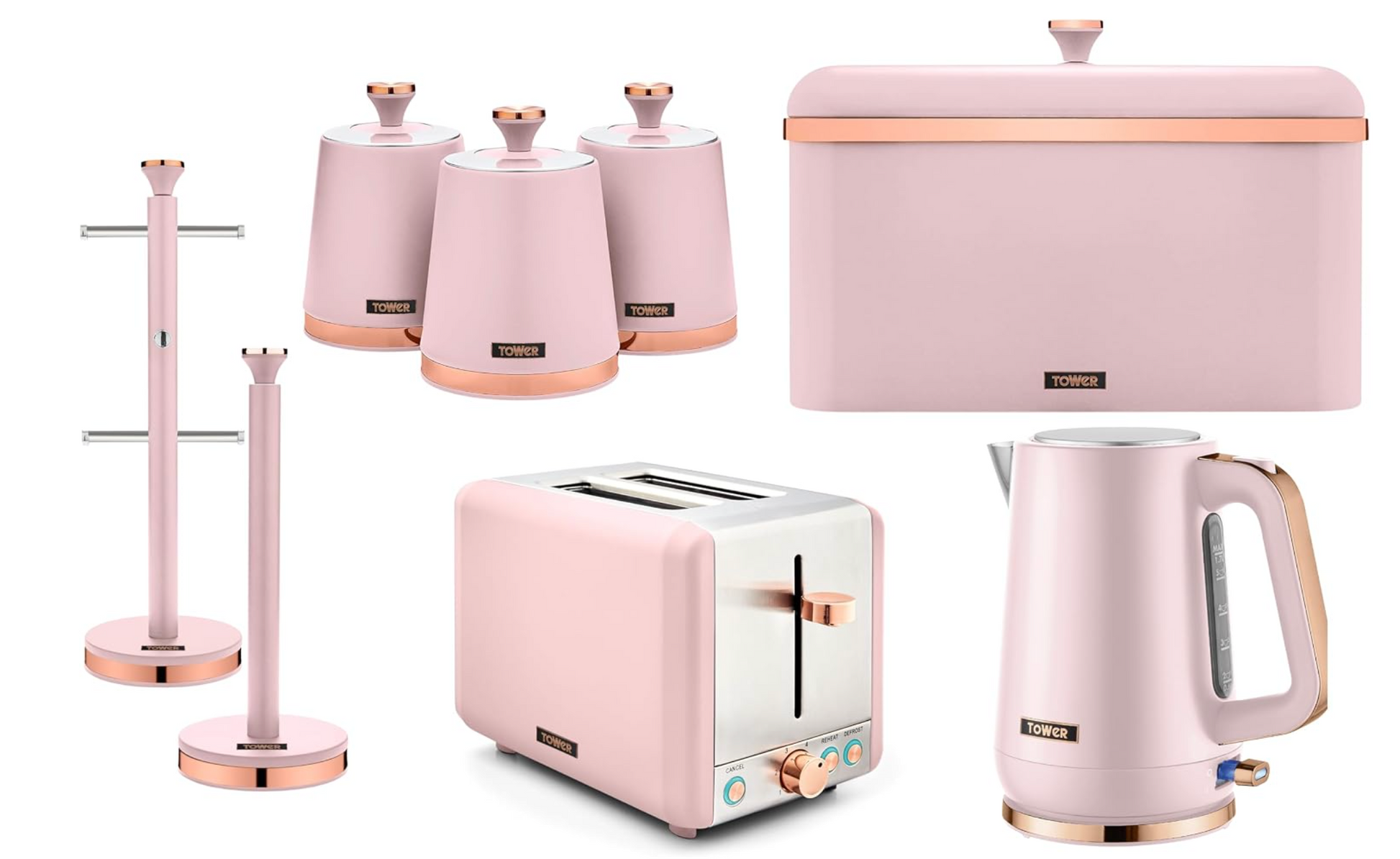 Tower Cavaletto Jug Kettle, 2 Slice Toaster, Bread Bin, Canisters, Towel Pole & Mug Tree Kitchen Set (Marshmallow Pink) Kitchen Sets