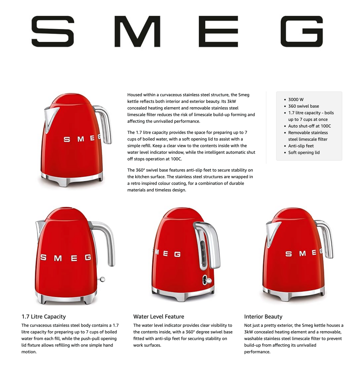 SMEG Retro Kettle Fast Boiling KLF03RDUK (Red)