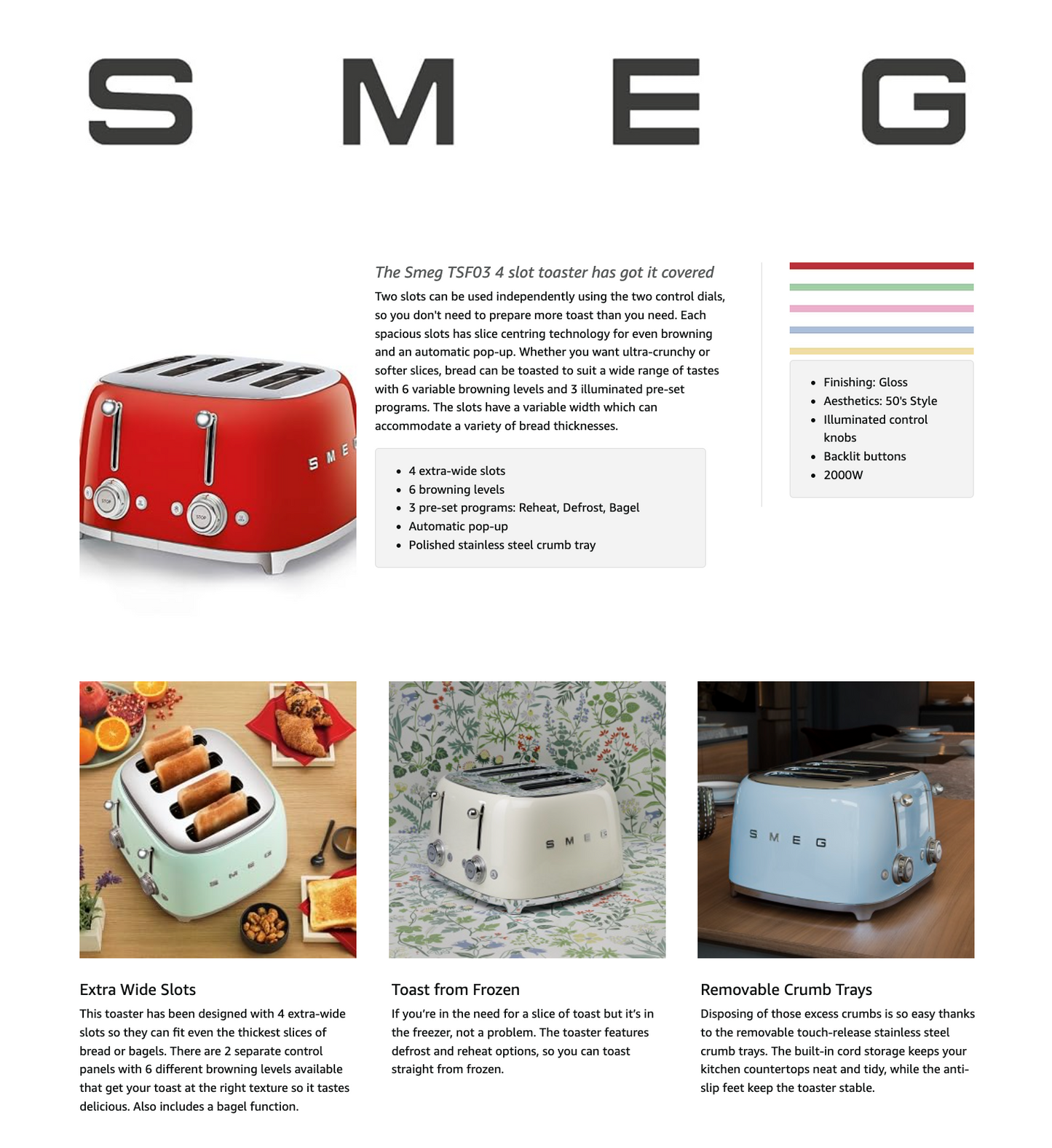 SMEG Retro 4 Slice Toaster Extra Wide Slots TSF03PBUK (Pastel Blue)