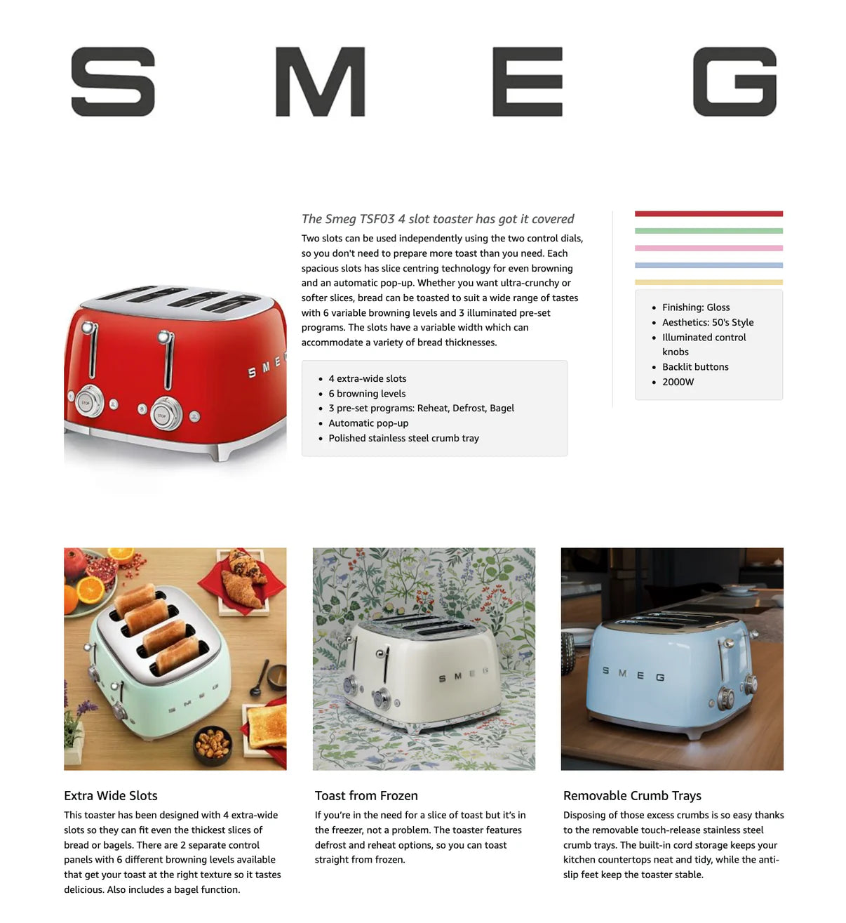 SMEG Retro Kettle & 4 Slice Toaster Temperature Control Set (Pastel Blue)