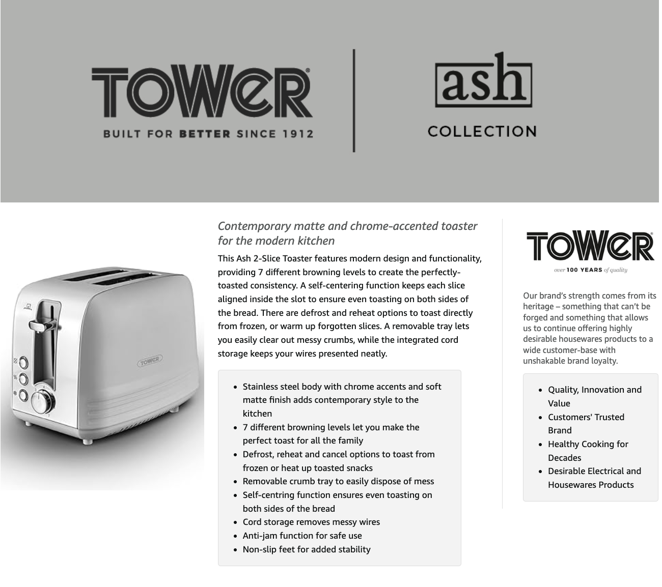 Tower Ash Grey 2 Slice Toaster 7 Browning Levels Chrome Accents T20080GRY