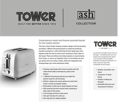 Tower Ash Grey 2 Slice Toaster 7 Browning Levels Chrome Accents T20080GRY