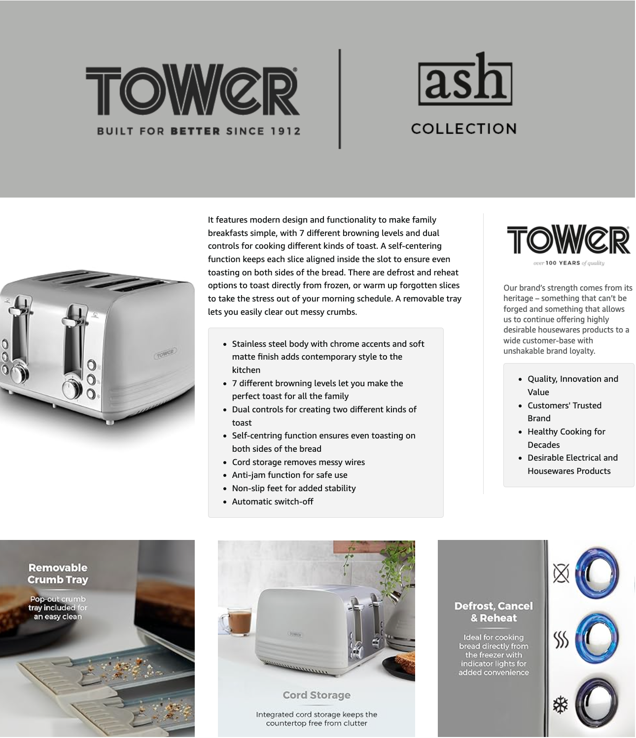 Tower Ash 4 Slice Toaster Stainless Steel T20081GRY (Grey)