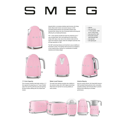 SMEG Retro Kettle & 4 Slice Toaster Kitchen Set - Pink