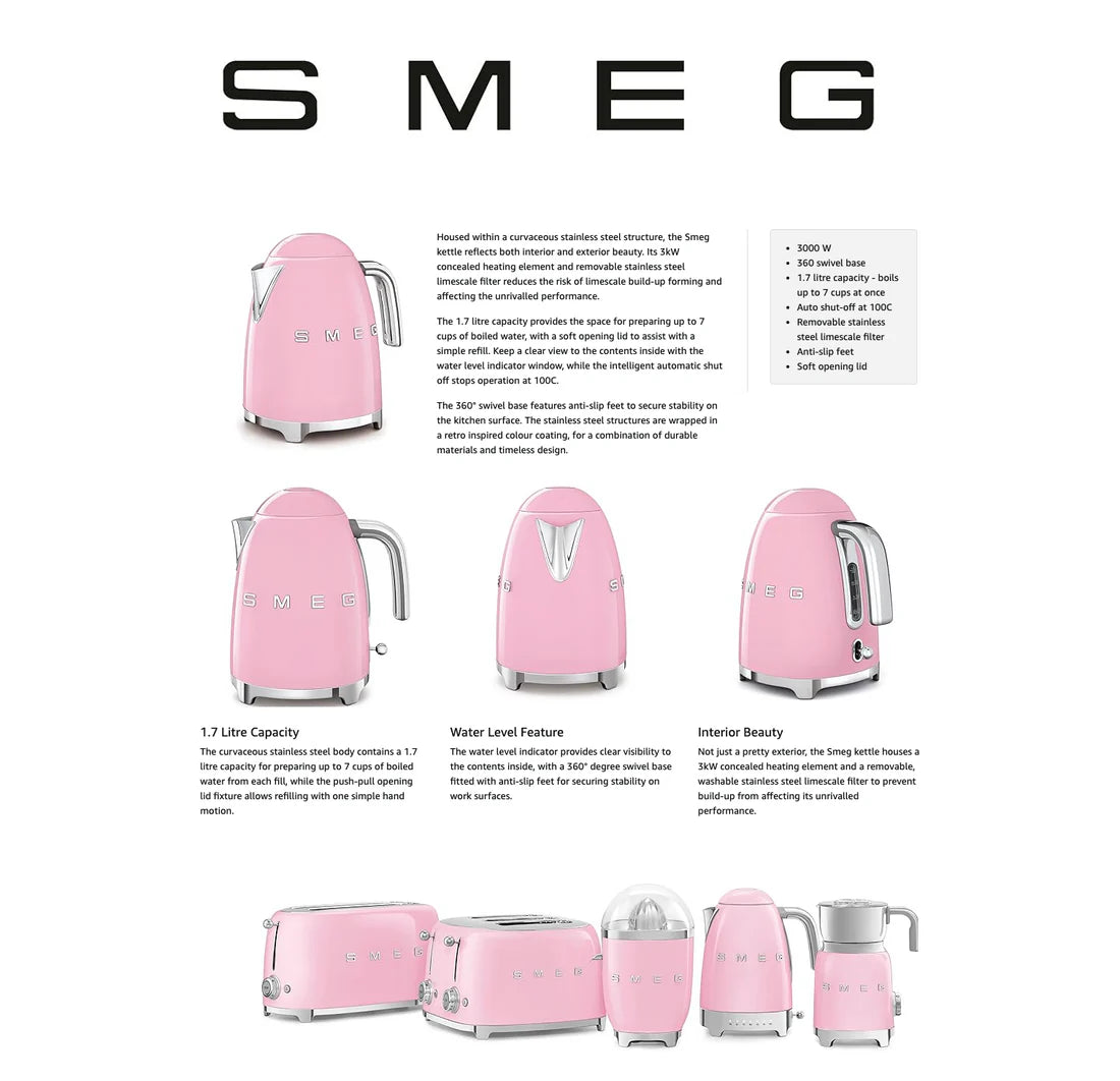 SMEG Retro Kettle & 2 Slice Toaster Matching Kitchen Set (Pastel Pink)