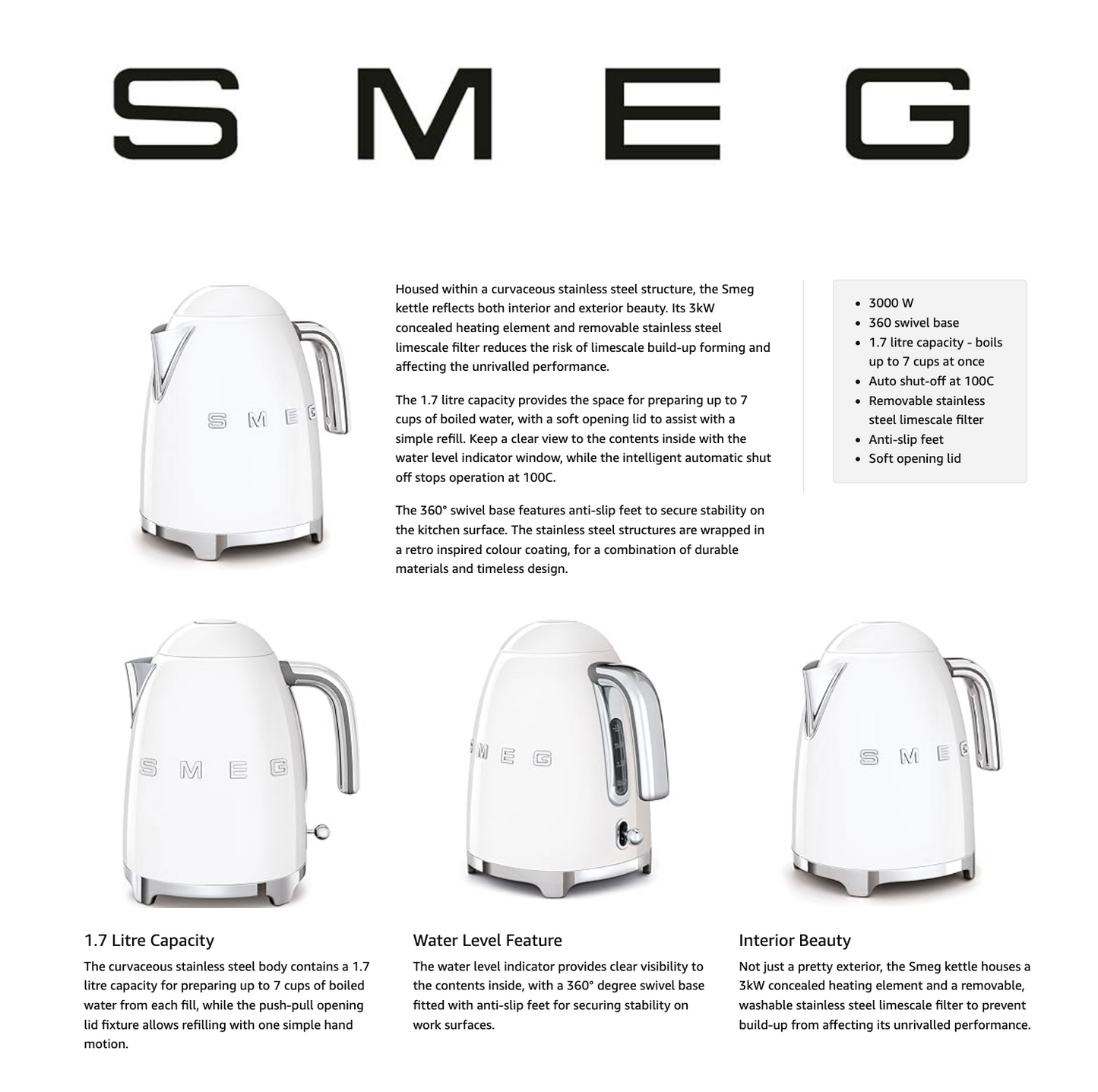 SMEG Retro Kettle Cordless Stainless Steel KLF03WHUK (White)