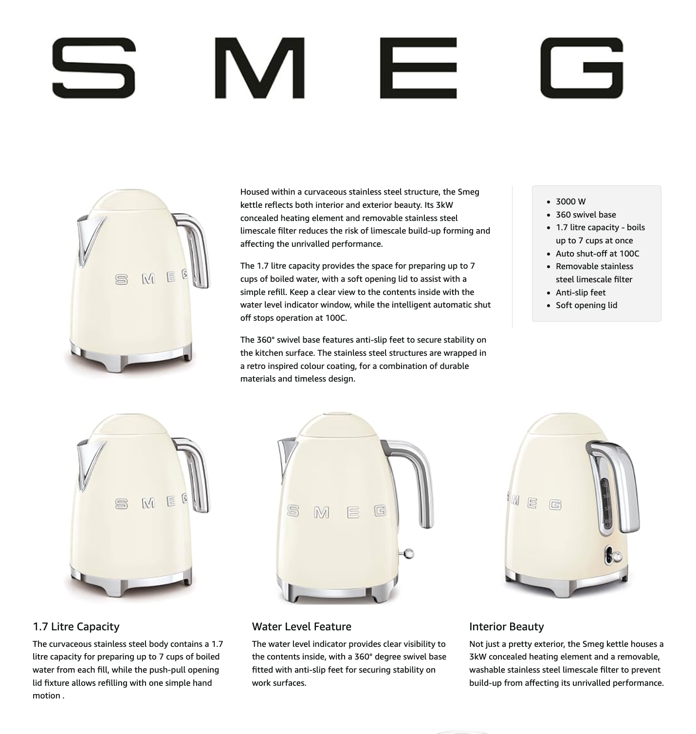 SMEG Retro Kettle Cordless Stainless Steel KLF03CRUK (Cream)