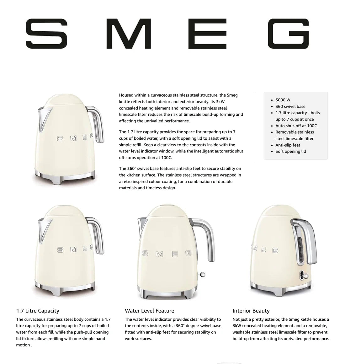 SMEG Retro Kettle & 4 Slice Toaster Kitchen Set - Cream