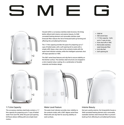 SMEG Stainless Steel Kettle Soft Opening Lid KLF03SSUK (Silver)