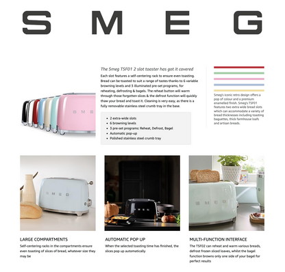 SMEG Retro 2 Slice Toaster Wide Slots TSF01PGUK (Pastel Green)