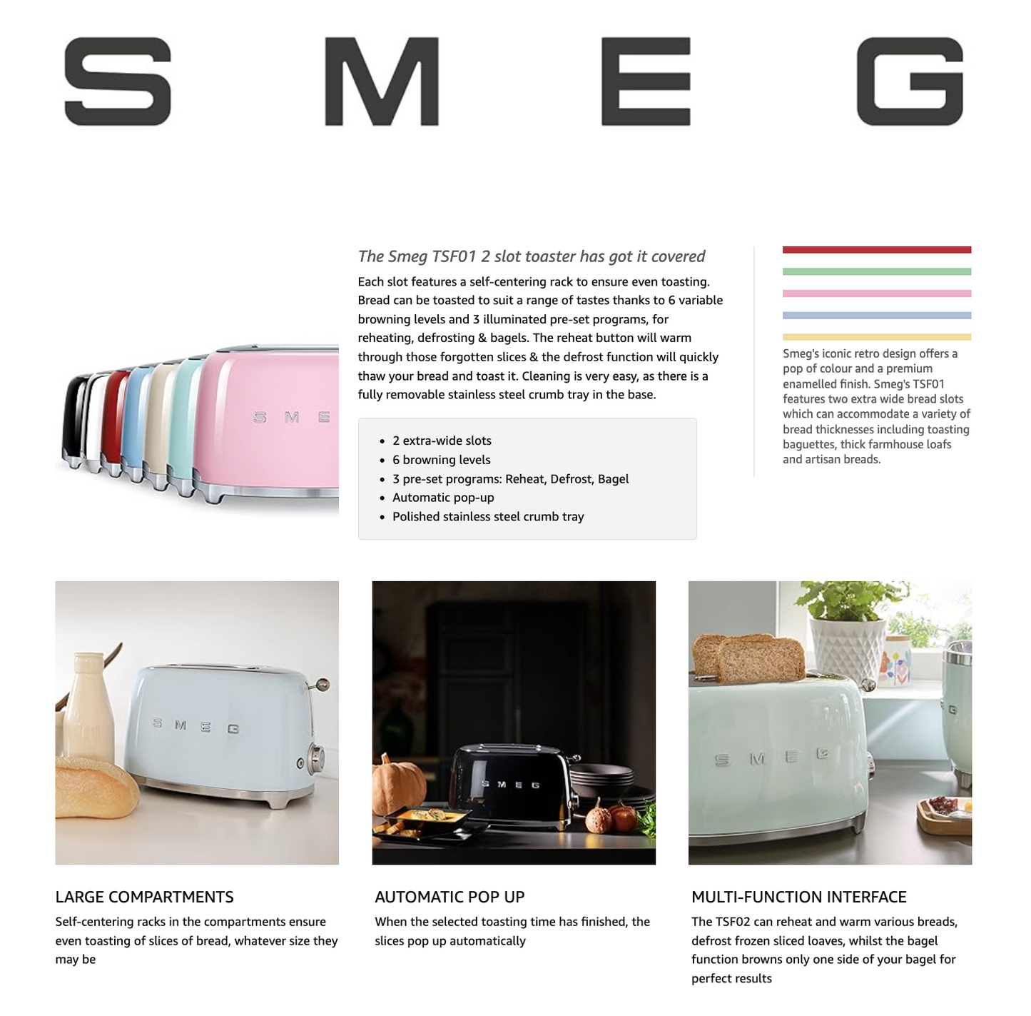 SMEG Retro 2 Slice Toaster Wide Slots TSF01PKUK (Pastel Pink)