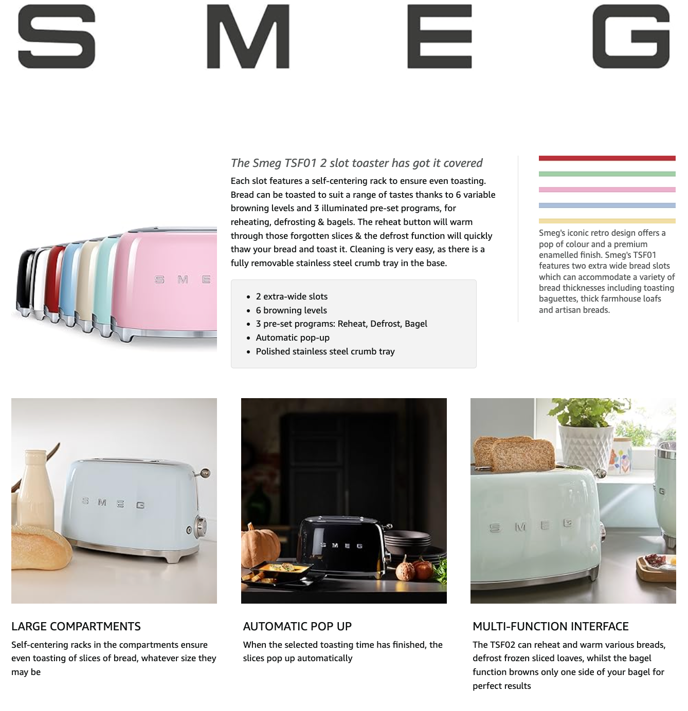 SMEG Retro 2 Slice Toaster Wide Slots TSF01WHUK (White)