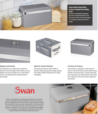 Swan Retro Bread Bin Metal Kitchen Storage SWKA1010GRN (Grey)