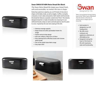 Swan Retro Bread Bin Kitchen Storage SWKA1014BN (Black)