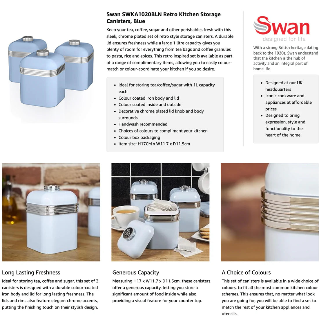 Swan Blue Kitchen Set - Kettle, 2 Slice Toaster, Bread Bin, Canisters, Towel Pole