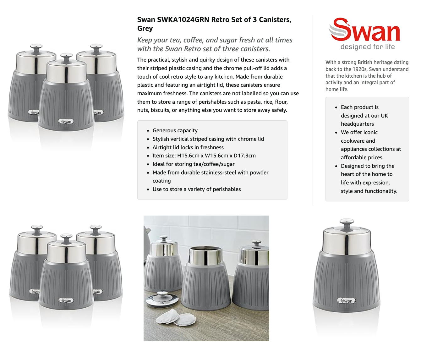 Swan Retro Canister Set Kitchen Canisters SWKA1024GRN (Grey)