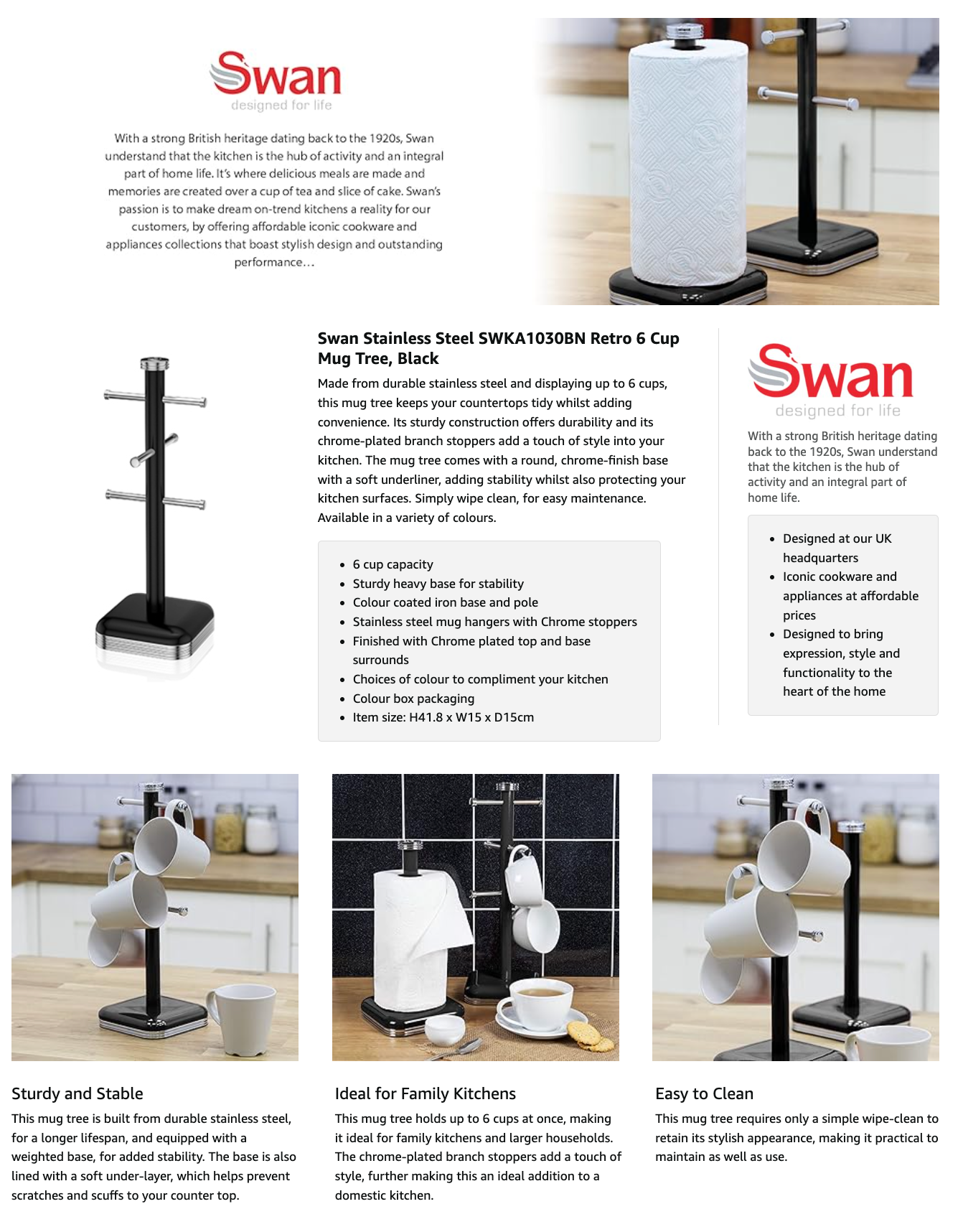 Swan Retro Mug Tree Holder Kitchen Rack SWKA1030BN (Black)