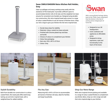 Swan Retro Kitchen Roll Holder Towel Pole Steel SWKA1040GRN Grey Vibe Home