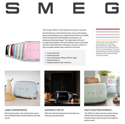 SMEG Retro 2 Slice Toaster Wide Slots TSF01CRUK (Cream)