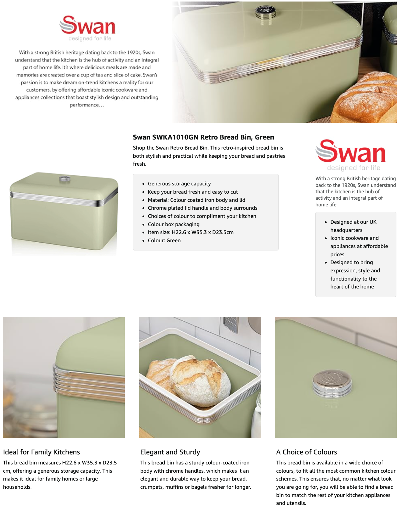 Swan Retro Large Bread Bin Metal SWKA1010GN (Green)