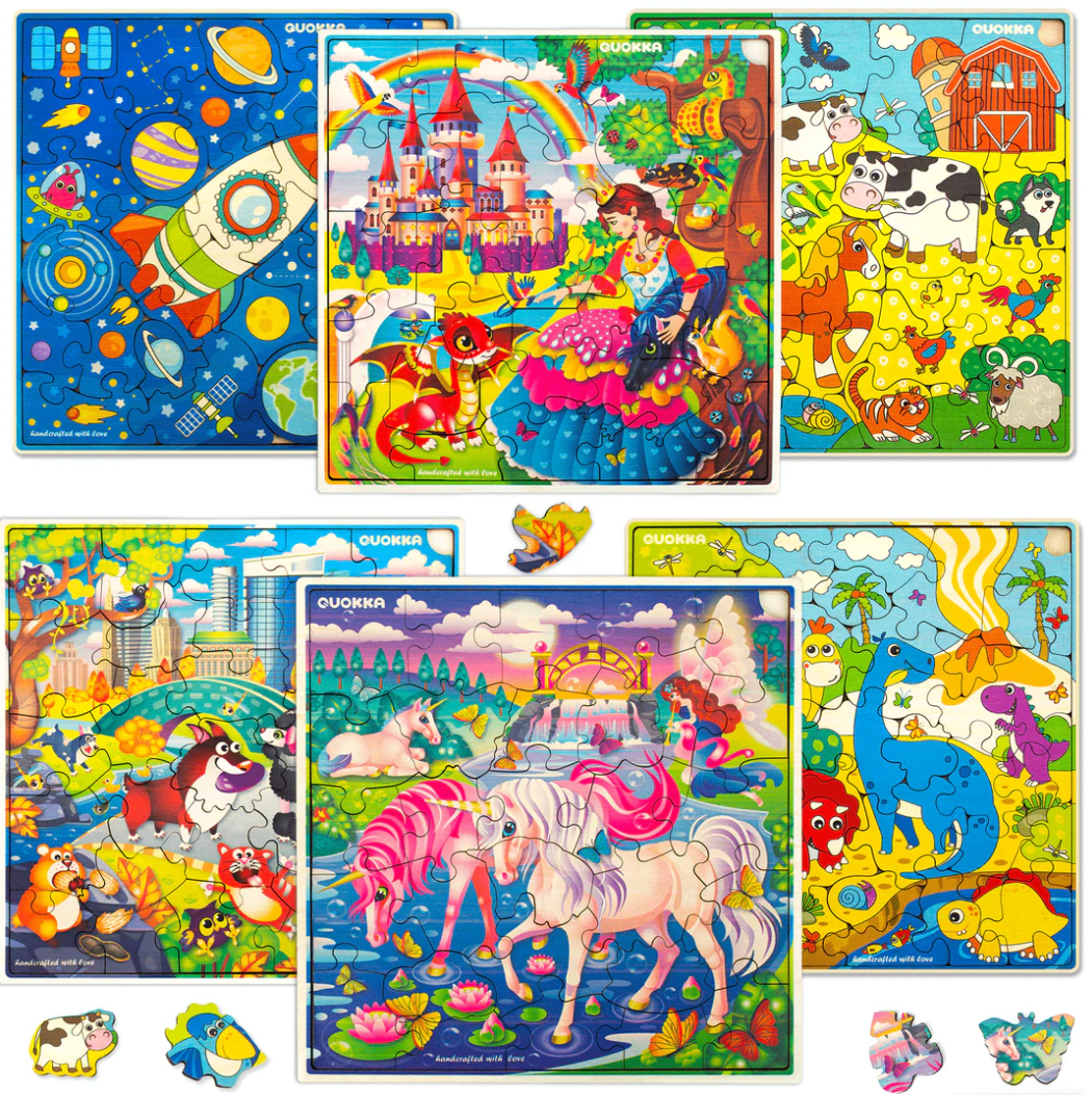 3 Colourful Wooden Jigsaw Puzzles Kids Space, Farm, Dinosaur Jigsaws