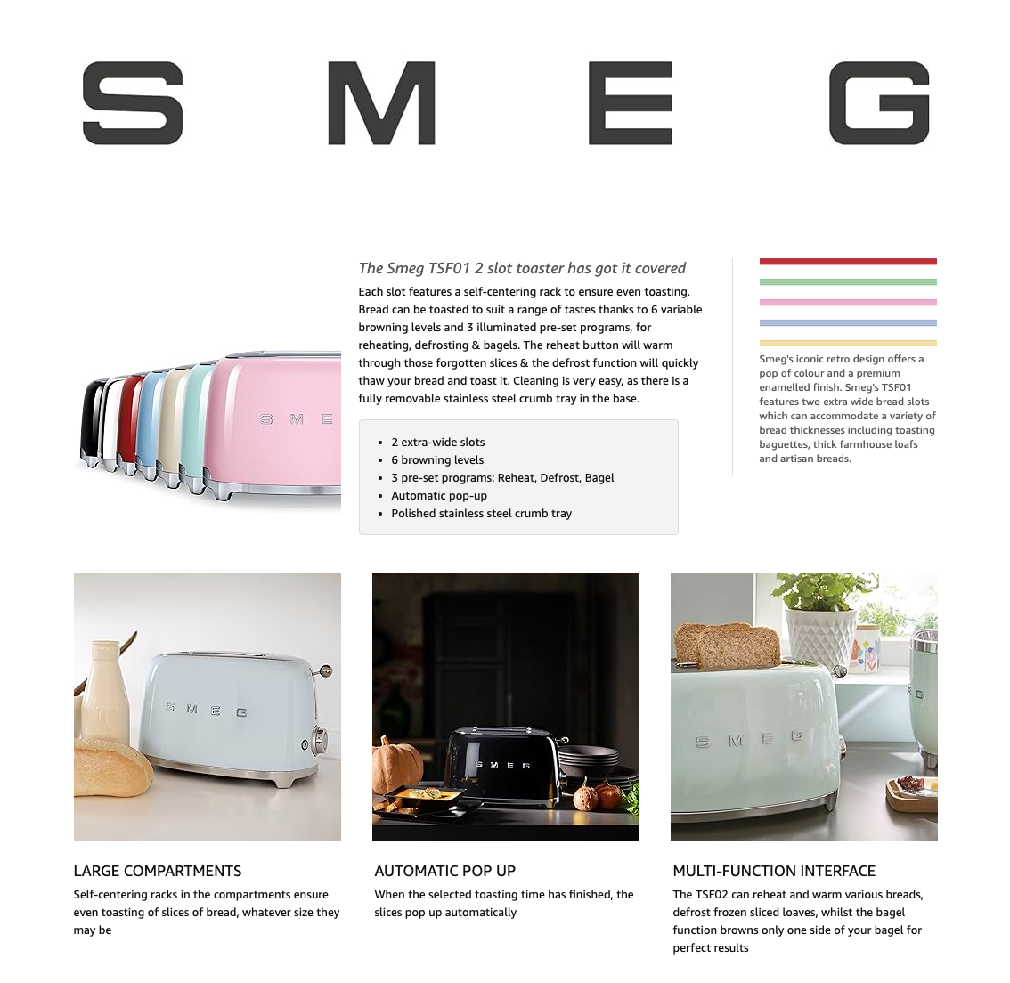 SMEG 2 Slice Toaster Extra Wide Slots TSF01WHMUK (Matte White)