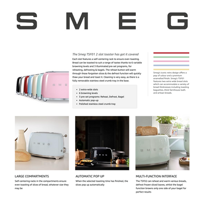 SMEG 2 Slice Toaster Extra Wide Slots TSF01WHMUK (Matte White)