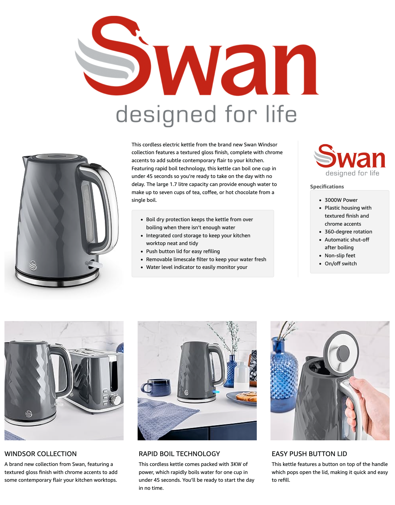 Swan Windsor Kettle Rapid Boiling SK14611GRY (Grey)