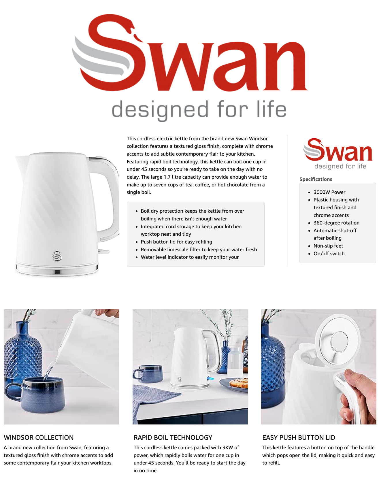 Swan Windsor Kettle with Removable Limescale Filter SK14611WHT (White)