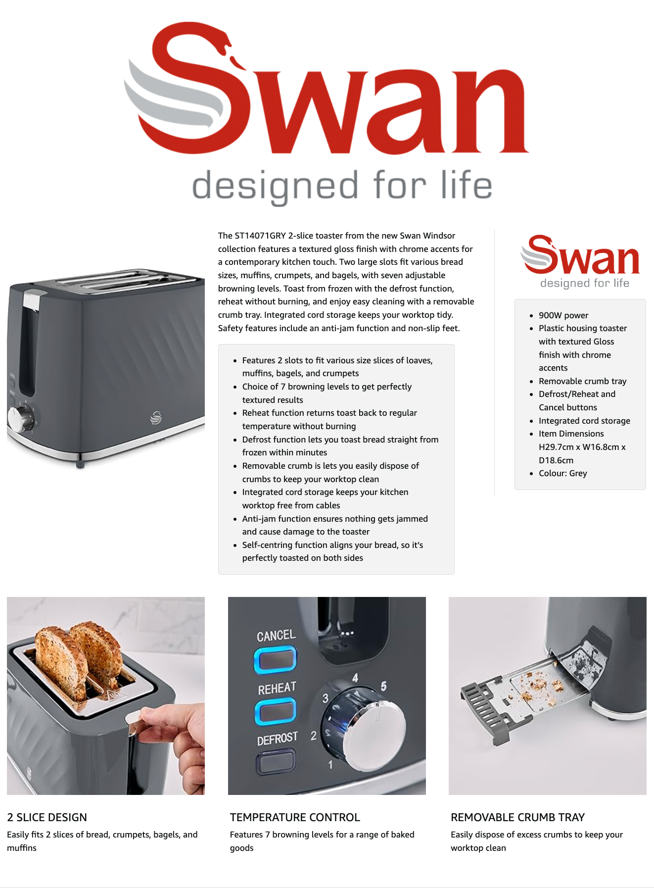 Swan Windsor 2 Slice Toaster ST14071GRY (Grey)