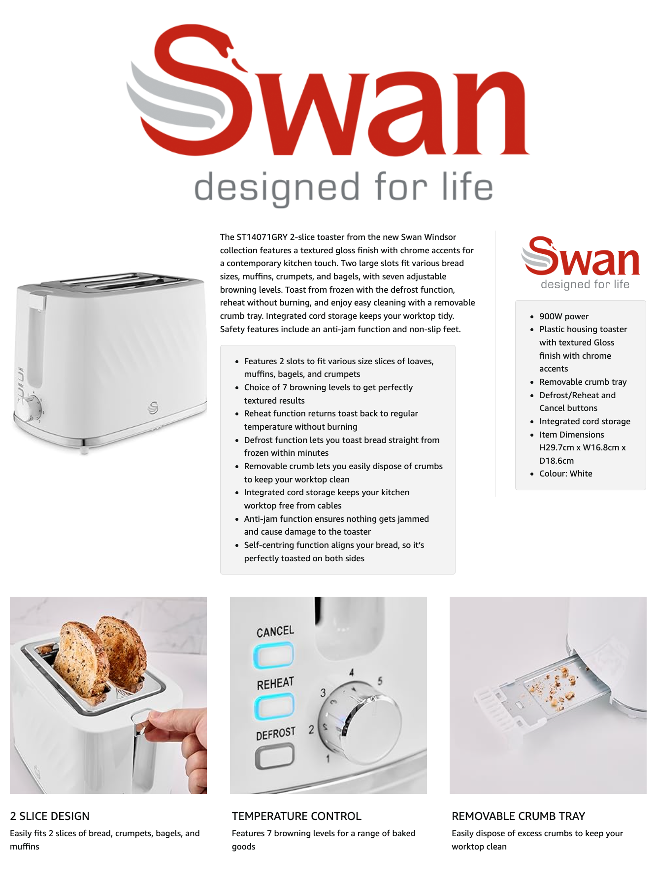 Swan Windsor 2 Slice Toaster ST14071WHT (White)