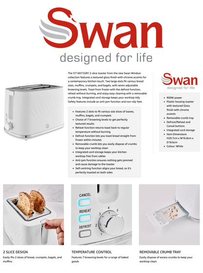 Swan Windsor 2 Slice Toaster ST14071WHT (White)