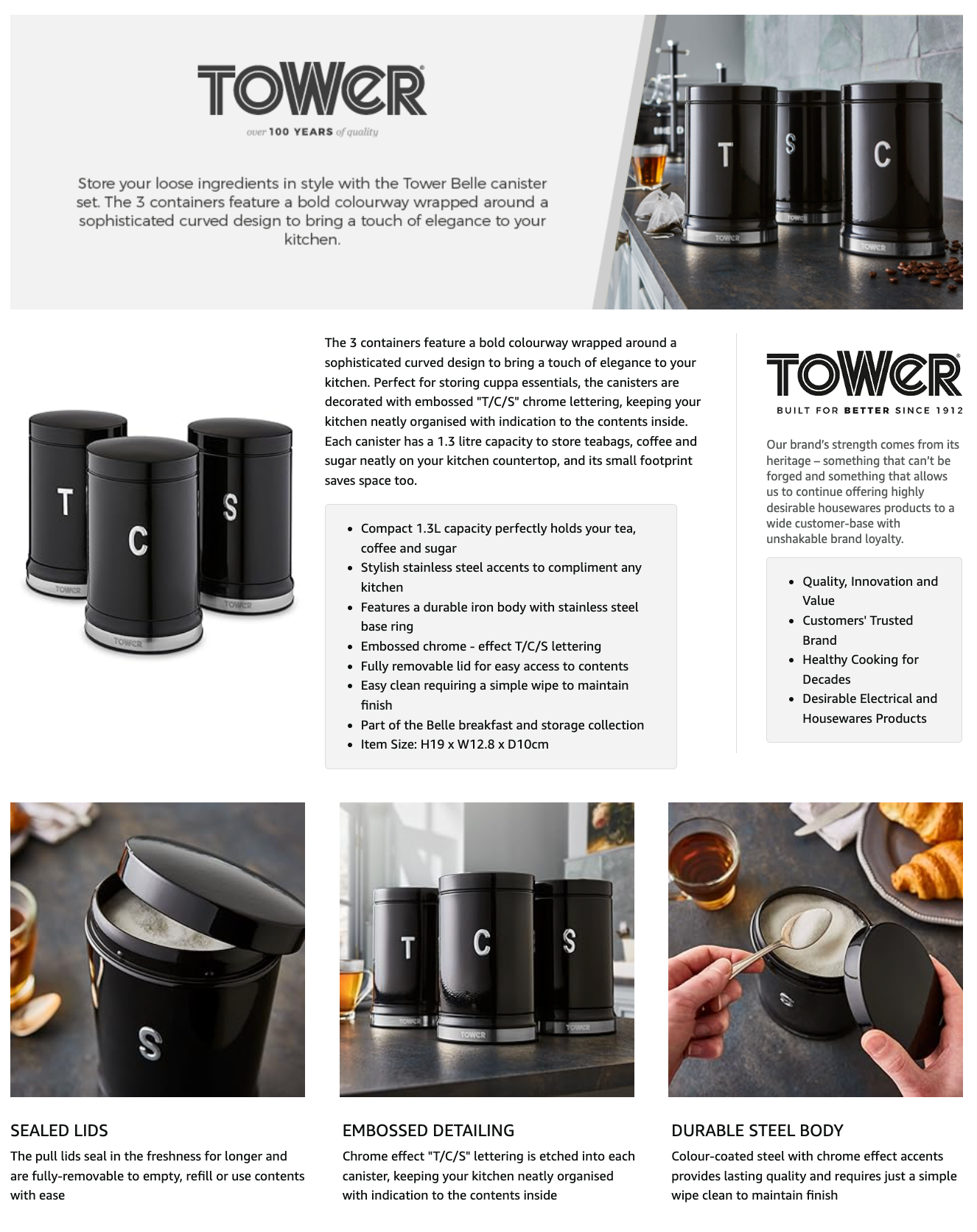 Tower Belle Noir Canisters Set Tea/Coffee/Sugar Storage T826171NOR (Black)